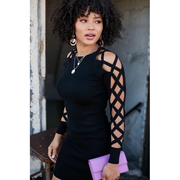 Lattice Cutout Sleeve Ribbed Knit Bodycon Mini Dress - Picture 6 of 7